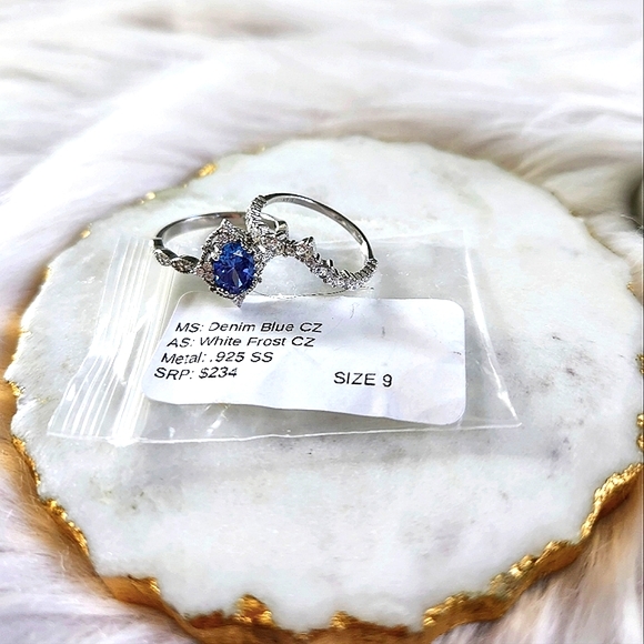 NWT Ryze Denim Blue Cubic Zirconia .925 Sterling Silver Double Ring - Size 9 - Picture 3 of 10